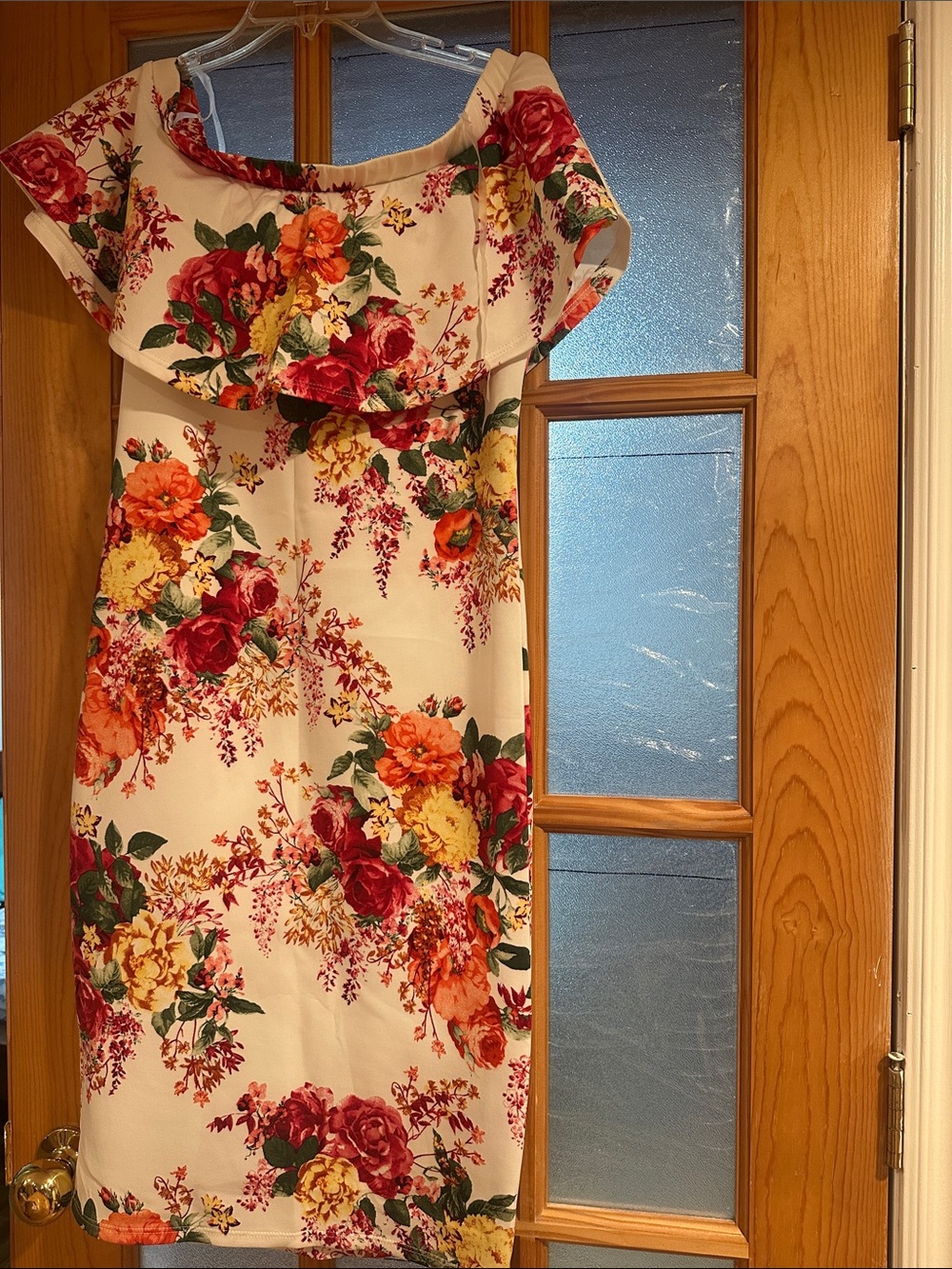 Floral Off-Shoulder White Dress with Red & Orange Blooms